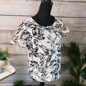 J CREW LINEN TOP BEIGE WITH BLACK/LT BLUE - SMALL